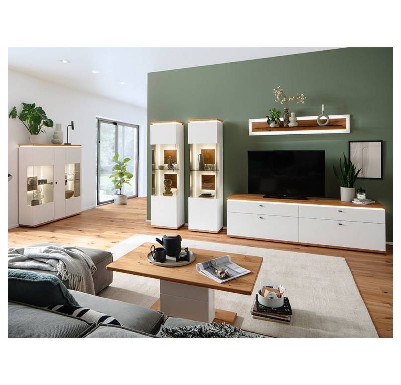 Lomadox Wohnzimmer-Set MULLINGAR-05, (Mega-Spar-Set, 6-St., Vitrinen Wandboard Lowboard Couchtisch Highboard Beleuchtung), Wohnwand mit LED-Beleuchtung, weiß mit Eiche, montiert von Lomadox