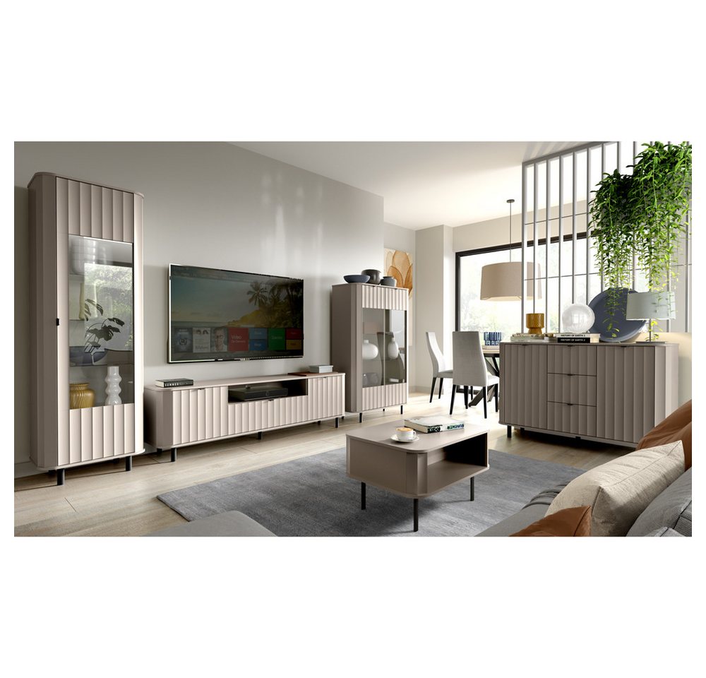 Lomadox Wohnzimmer-Set NASHVILLE-161, (Mega-Spar-Set, 5-St., Vitrine Lowboard Highboard Sideboard Couchtisch), Wohnzimmer-Set in Taupe, mit Wellen-Optik, modern von Lomadox