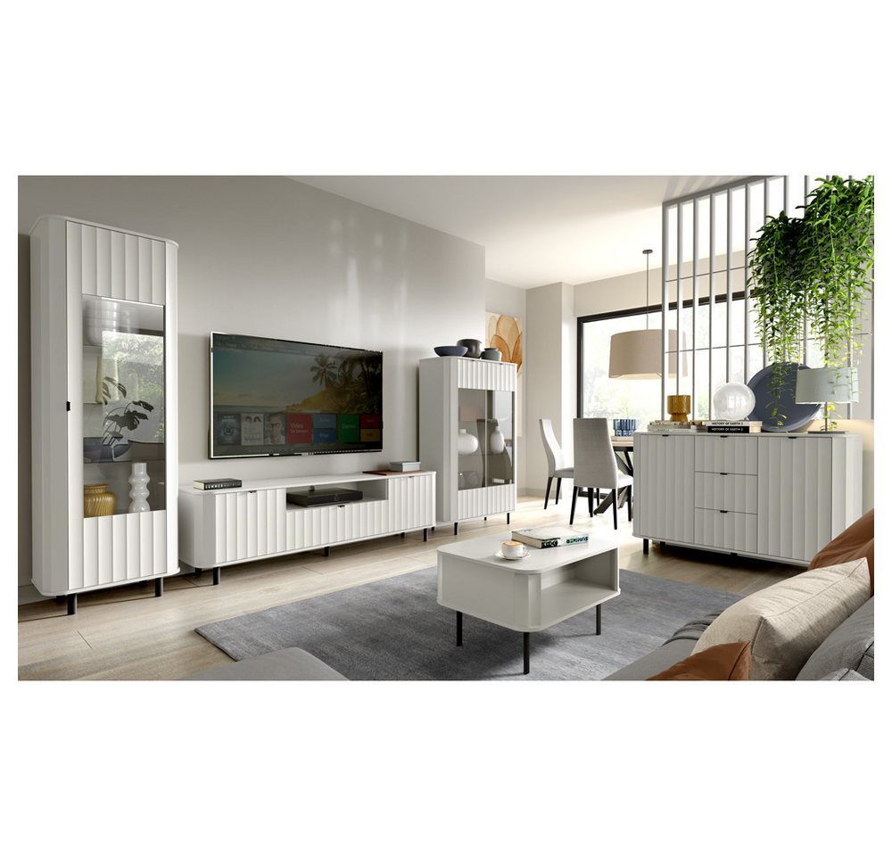 Lomadox Wohnzimmer-Set NASHVILLE-161, (Mega-Spar-Set, 5-St., Vitrine Lowboard Highboard Sideboard Couchtisch), Wohnzimmer-Set mit Wellen-Optik, in Weiß, modern von Lomadox