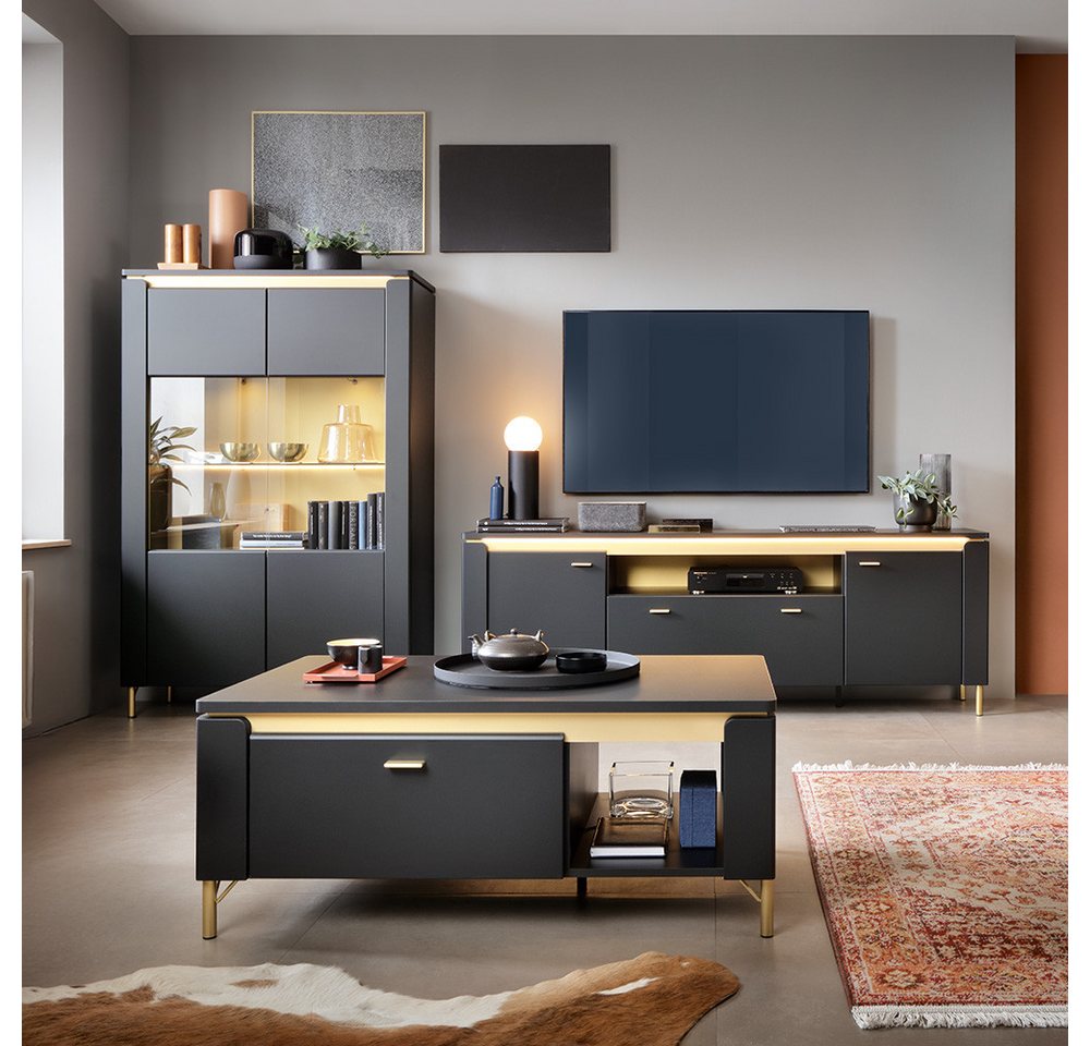 Lomadox Wohnzimmer-Set NOLA-129, (Mega-Spar-Set, 3-St., Vitrinenschrank Fernsehschrank Couchtisch), schwarz matt mit goldfarbenen Akzenten von Lomadox