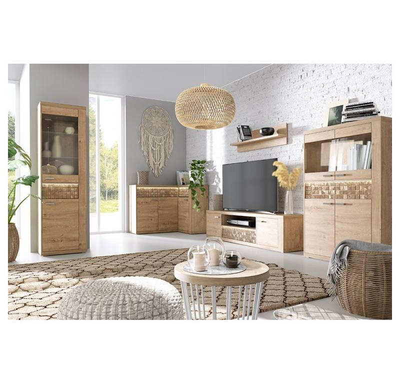 Lomadox Wohnzimmer-Set NUSCO-161, (Mega-Spar-Set, 5-St., Vitrine Eckkommode TV-Lowboard Wandboard Highboard), Eiche Nb., 5-teilig von Lomadox