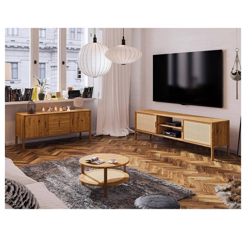 Lomadox Wohnzimmer-Set PORI-165, (Mega-Spar-Set, 3-St., Sideboard Lowboard Couchtisch), Wildeiche massiv geölt, Rattangeflecht, Echtholz/Massivholz von Lomadox
