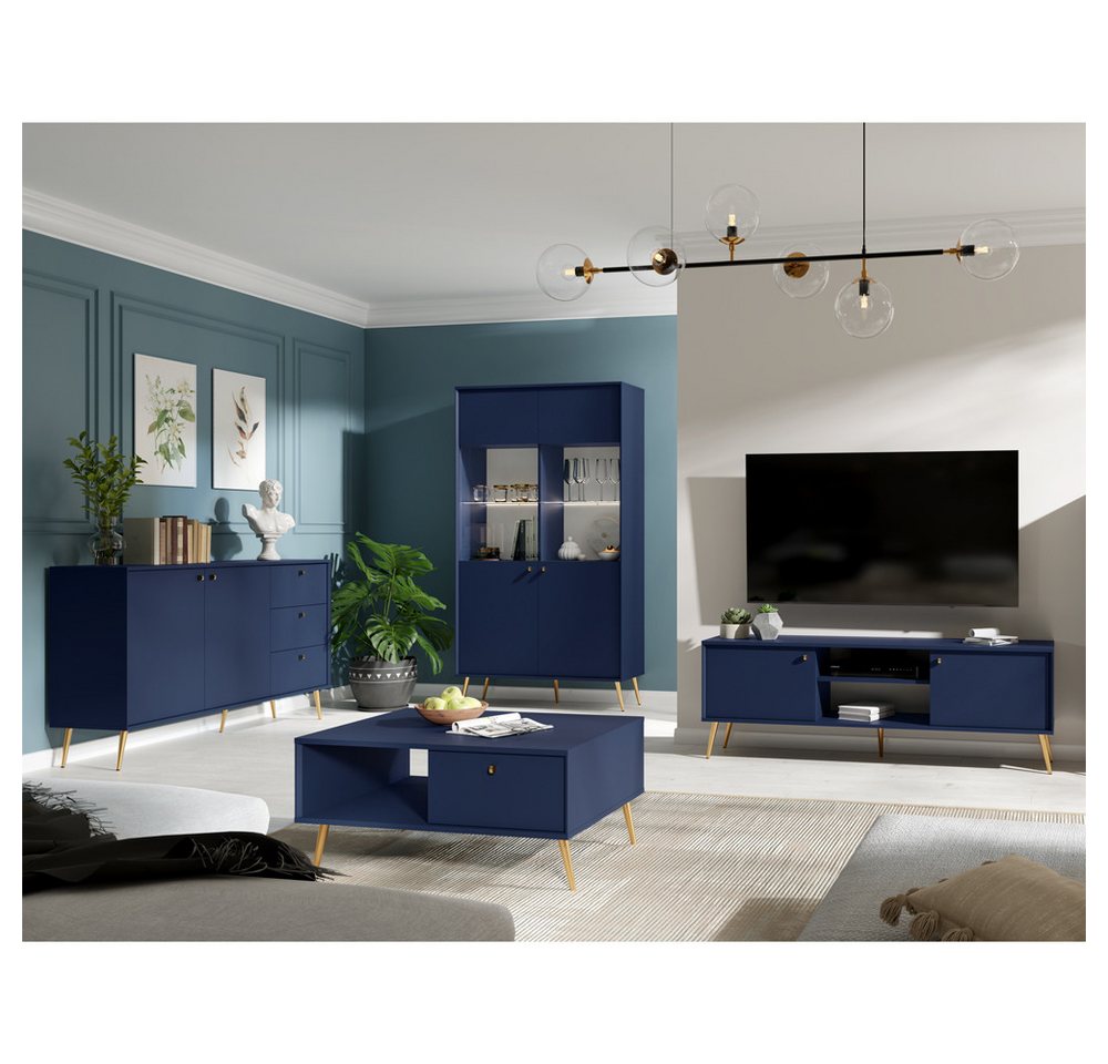 Lomadox Wohnzimmer-Set RIPLEY-166, (Mega-Spar-Set, 4-St., Couchtisch Lowboard Sideboard Vitrinenschrank), Wohnwand modern dunkelblau mit Beleuchtung von Lomadox