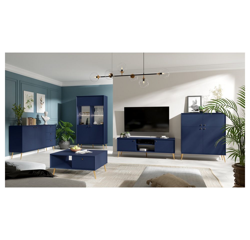 Lomadox Wohnzimmer-Set RIPLEY-166, (Mega-Spar-Set, 5-St., Couchtisch Highboard Lowboard Sideboard Vitrinenschrank), Wohnwand modern dunkelblau mit Beleuchtung von Lomadox