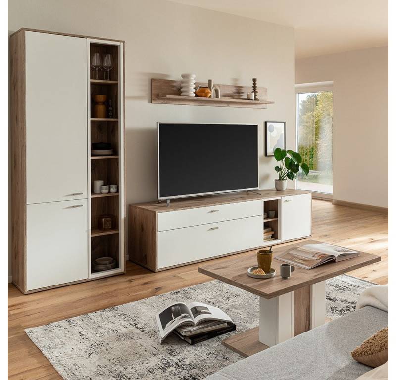 Lomadox Wohnzimmer-Set SAGUNTO-05, (Mega-Spar-Set, 4-St., Vitrine Lowboard Wandboard Couchtisch), Wohnwand, in weiß und Eiche von Lomadox