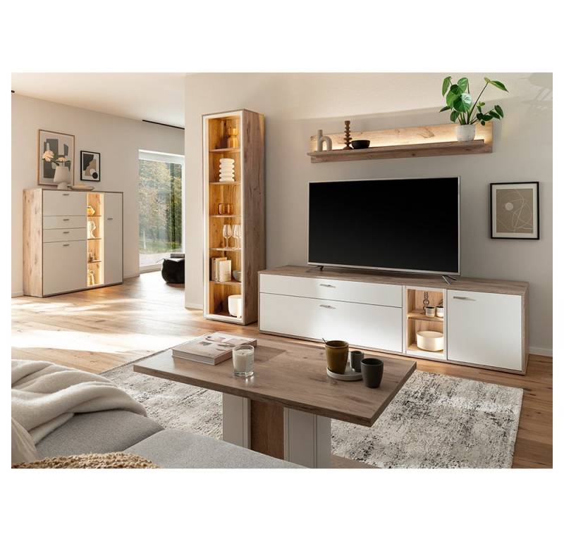 Lomadox Wohnzimmer-Set SAGUNTO-05, (Mega-Spar-Set, 5-St., Highboard Vitrine Lowboard Wandboard Couchtisch), Wohnwand, in weiß und Eiche, inkl. LED-Beleuchtung von Lomadox