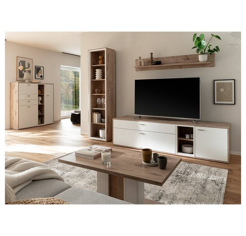 Lomadox Wohnzimmer-Set SAGUNTO-05, (Mega-Spar-Set, 5-St., Highboard Vitrine Lowboard Wandboard Couchtisch), Wohnwand, in weiß und Eiche von Lomadox
