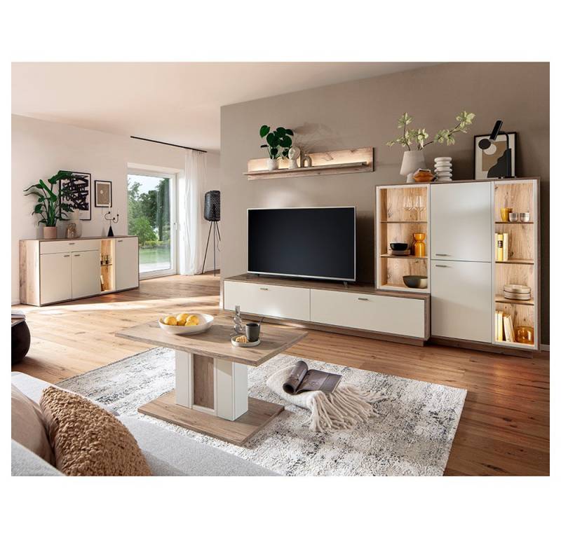 Lomadox Wohnzimmer-Set SAGUNTO-05, (Mega-Spar-Set, 5-St., Sideboard Highboard Lowboard Wandboard Couchtisch), Wohnwand, Eiche und weiß, inkl. Beleuchtung von Lomadox