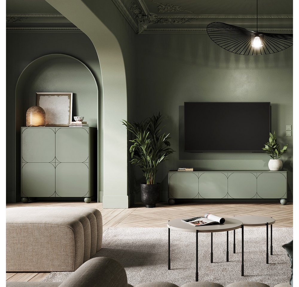 Lomadox Wohnzimmer-Set SPLIT-141, (Mega-Spar-Set, 4-St., Highboard Couchtische Lowboard), kaschmir oliv grün matt Kugelfüße grifflos Softclose Push-to-open von Lomadox
