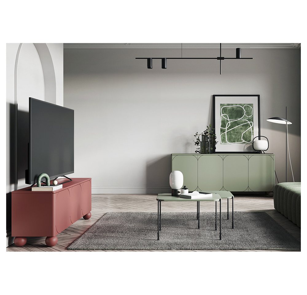 Lomadox Wohnzimmer-Set SPLIT-141, (Mega-Spar-Set, 4-St., Sideboard Lowboard Couchtische), burgunder rot oliv grün matt Kugelfüße grifflos modern Beistelltische von Lomadox