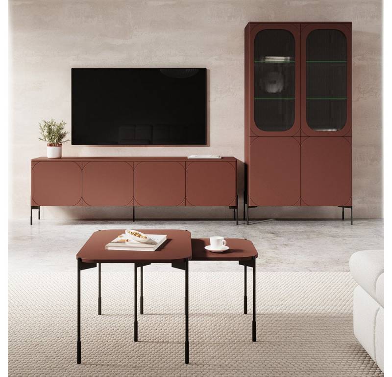 Lomadox Wohnzimmer-Set SPLIT-141, (Mega-Spar-Set, 4-St., Vitrinenschrank Couchtische Lowboard), burgunder rot matt Metallfüße grifflos Softclose Push-to-open von Lomadox