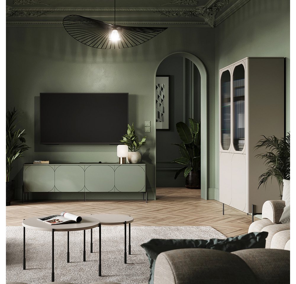 Lomadox Wohnzimmer-Set SPLIT-141, (Mega-Spar-Set, 4-St., Vitrinenschrank Couchtische Lowboard), kaschmir oliv grün matt Metallfüße grifflos Softclose Push-to-open von Lomadox