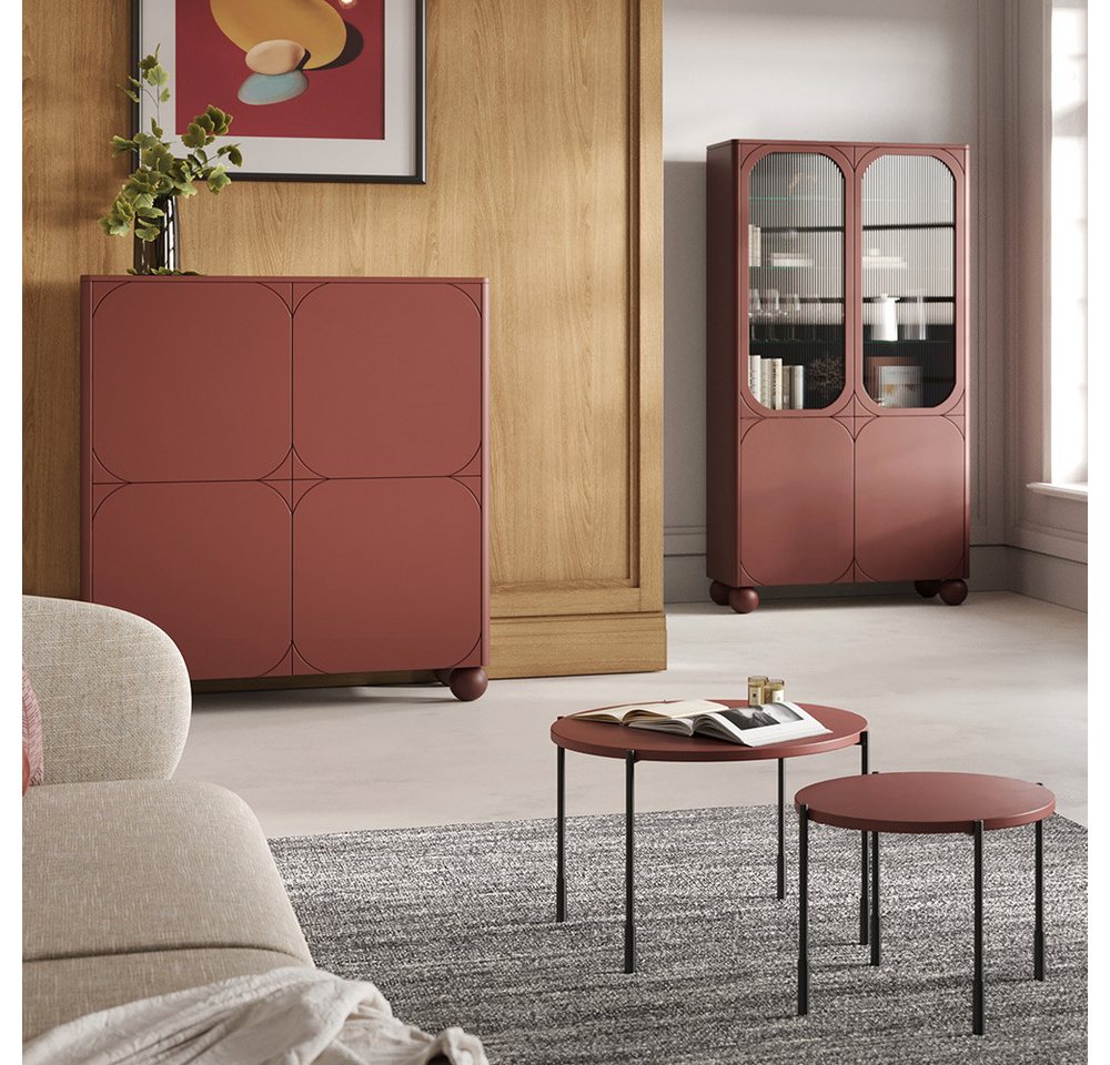 Lomadox Wohnzimmer-Set SPLIT-141, (Mega-Spar-Set, 4-St., Vitrinenschrank Highboard Couchtische), burgunder rot matt Kugelfüße grifflos Softclose Push-to-open von Lomadox