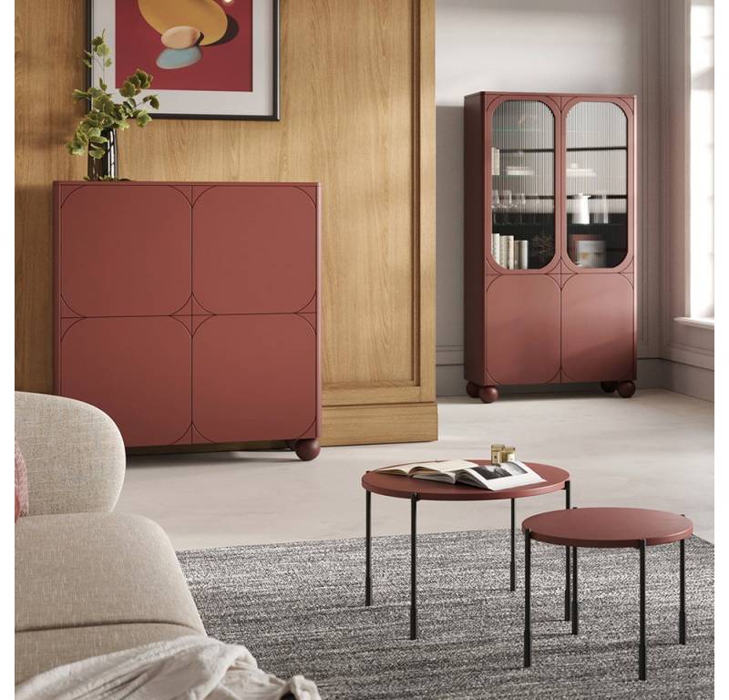 Lomadox Wohnzimmer-Set SPLIT-141, (Mega-Spar-Set, 4-St., Vitrinenschrank Highboard Couchtische), burgunder rot matt Kugelfüße grifflos Softclose Push-to-open von Lomadox