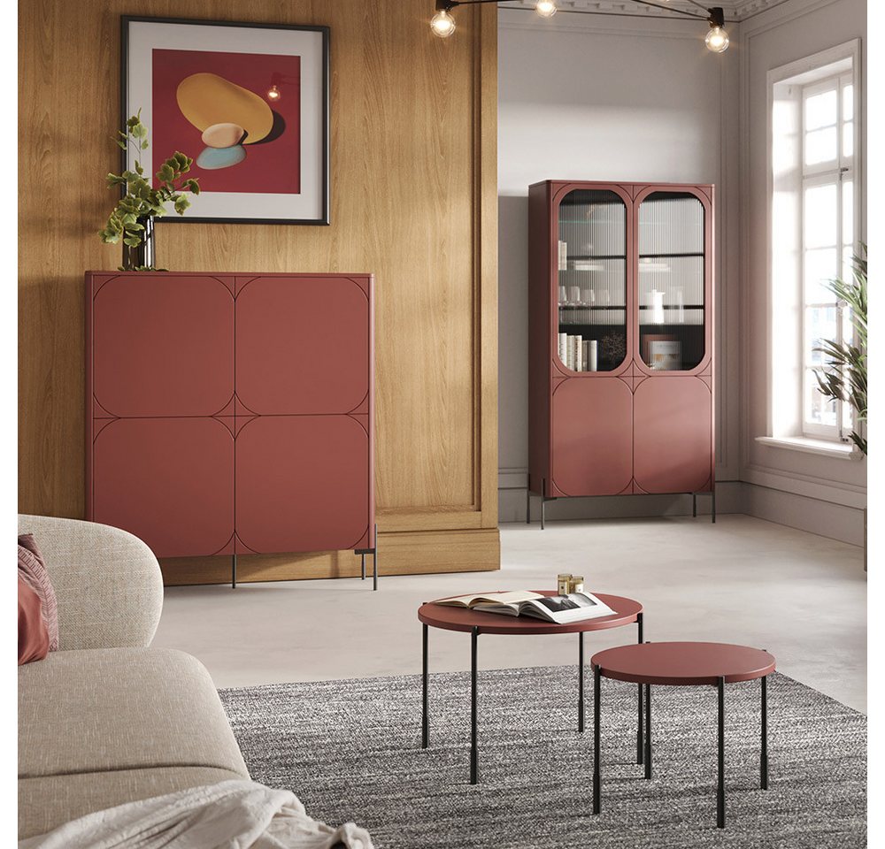 Lomadox Wohnzimmer-Set SPLIT-141, (Mega-Spar-Set, 4-St., Vitrinenschrank Highboard Couchtische), burgunder rot matt Metallfüße grifflos Softclose Push-to-open von Lomadox