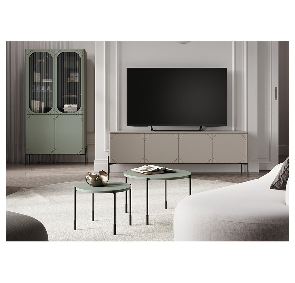 Lomadox Wohnzimmer-Set SPLIT-141, (Mega-Spar-Set, 4-St., Vitrinenschrank Highboard Couchtische Lowboard), kaschmir oliv grün matt Metallfüße grifflos Softclose Push-to-open von Lomadox