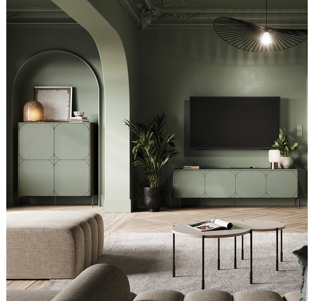 Lomadox Wohnzimmer-Set SPLIT-141, (Mega-Spar-Set, 4-St., Vitrinenschrank Highboard Couchtische Lowboard), kaschmir oliv grün matt Metallfüße grifflos Softclose Push-to-open von Lomadox