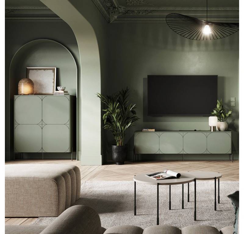 Lomadox Wohnzimmer-Set SPLIT-141, (Mega-Spar-Set, 4-St., Vitrinenschrank Highboard Couchtische Lowboard), kaschmir oliv grün matt Metallfüße grifflos Softclose Push-to-open von Lomadox