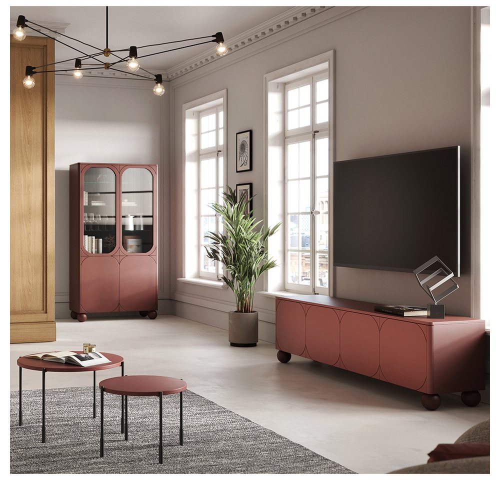 Lomadox Wohnzimmer-Set SPLIT-141, (Mega-Spar-Set, 4-St., Vitrinenschrank Lowboard Couchtische), burgunder rot matt Kugelfüße grifflos Softclose Push-to-open von Lomadox