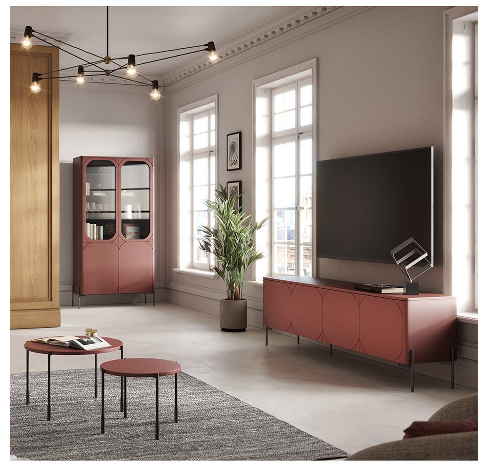Lomadox Wohnzimmer-Set SPLIT-141, (Mega-Spar-Set, 4-St., Vitrinenschrank Lowboard Couchtische), burgunder rot matt Metallfüße grifflos Softclose Push-to-open von Lomadox