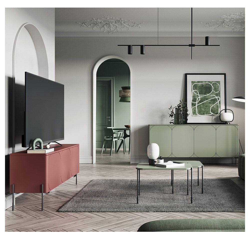 Lomadox Wohnzimmer-Set SPLIT-141, (Mega-Spar-Set, 4-St., Vitrinenschrank Lowboard Couchtische), burgunder rot oliv grün matt Metallfüße grifflos modern von Lomadox