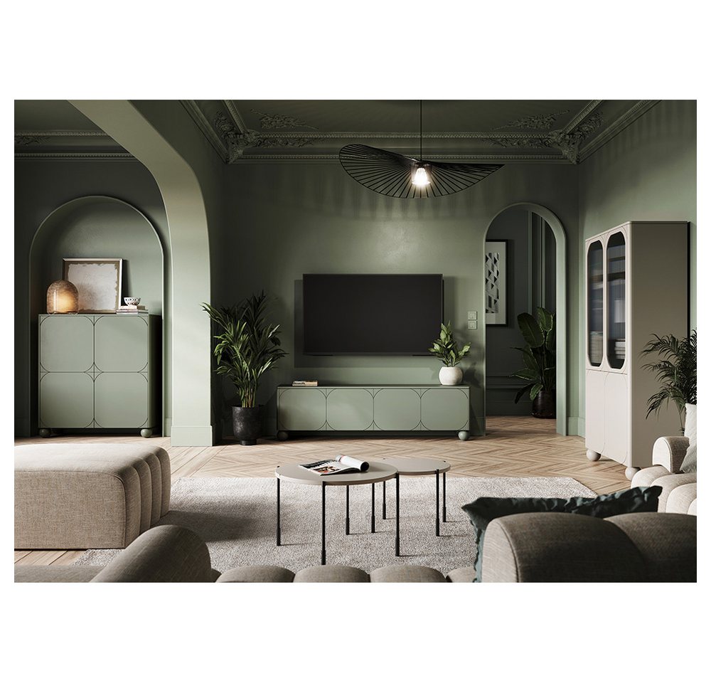 Lomadox Wohnzimmer-Set SPLIT-141, (Mega-Spar-Set, 5-St., Vitrinenschrank Couchtische Lowboard Highboard), kaschmir oliv grün matt Kugelfüße grifflos Softclose Push-to-open von Lomadox