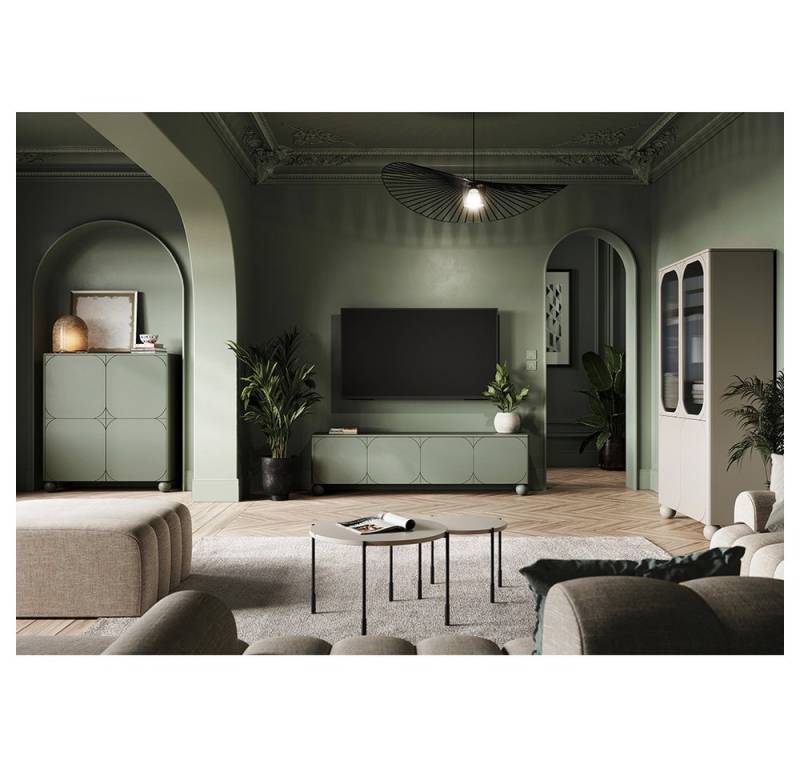 Lomadox Wohnzimmer-Set SPLIT-141, (Mega-Spar-Set, 5-St., Vitrinenschrank Couchtische Lowboard Highboard), kaschmir oliv grün matt Kugelfüße grifflos Softclose Push-to-open von Lomadox