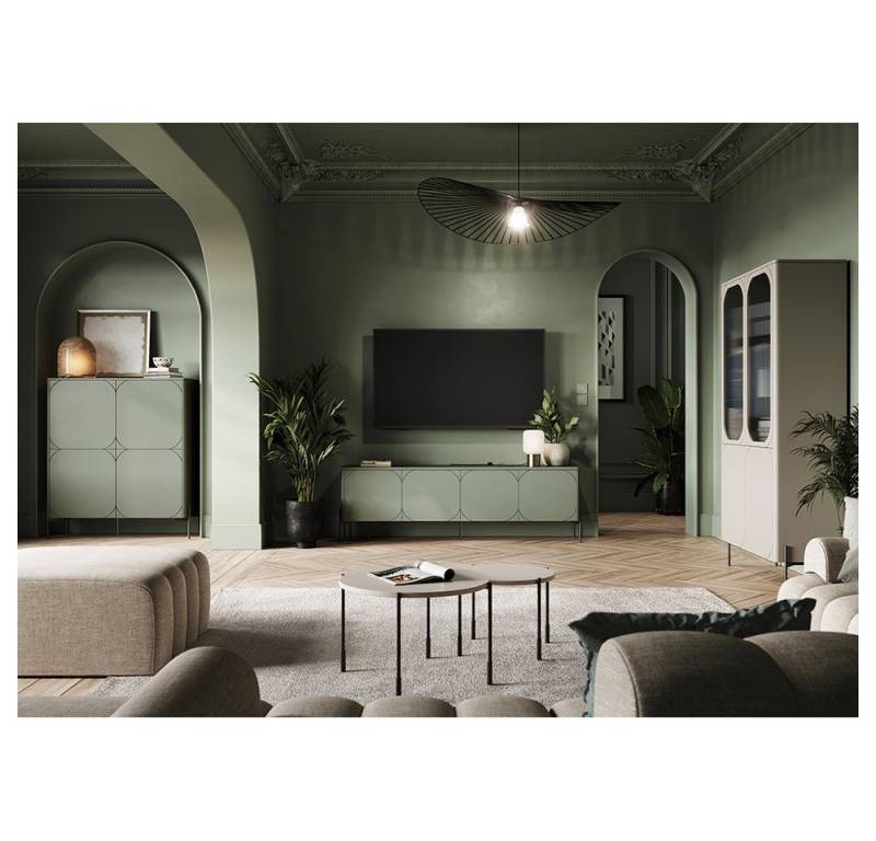 Lomadox Wohnzimmer-Set SPLIT-141, (Mega-Spar-Set, 5-St., Vitrinenschrank Couchtische Lowboard Highboard), kaschmir oliv grün matt Metallfüße grifflos Softclose Push-to-open von Lomadox