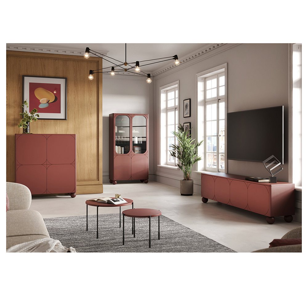 Lomadox Wohnzimmer-Set SPLIT-141, (Mega-Spar-Set, 5-St., Vitrinenschrank Highboard Couchtische Lowboard), burgunder rot matt Kugelfüße grifflos Softclose Push-to-open von Lomadox