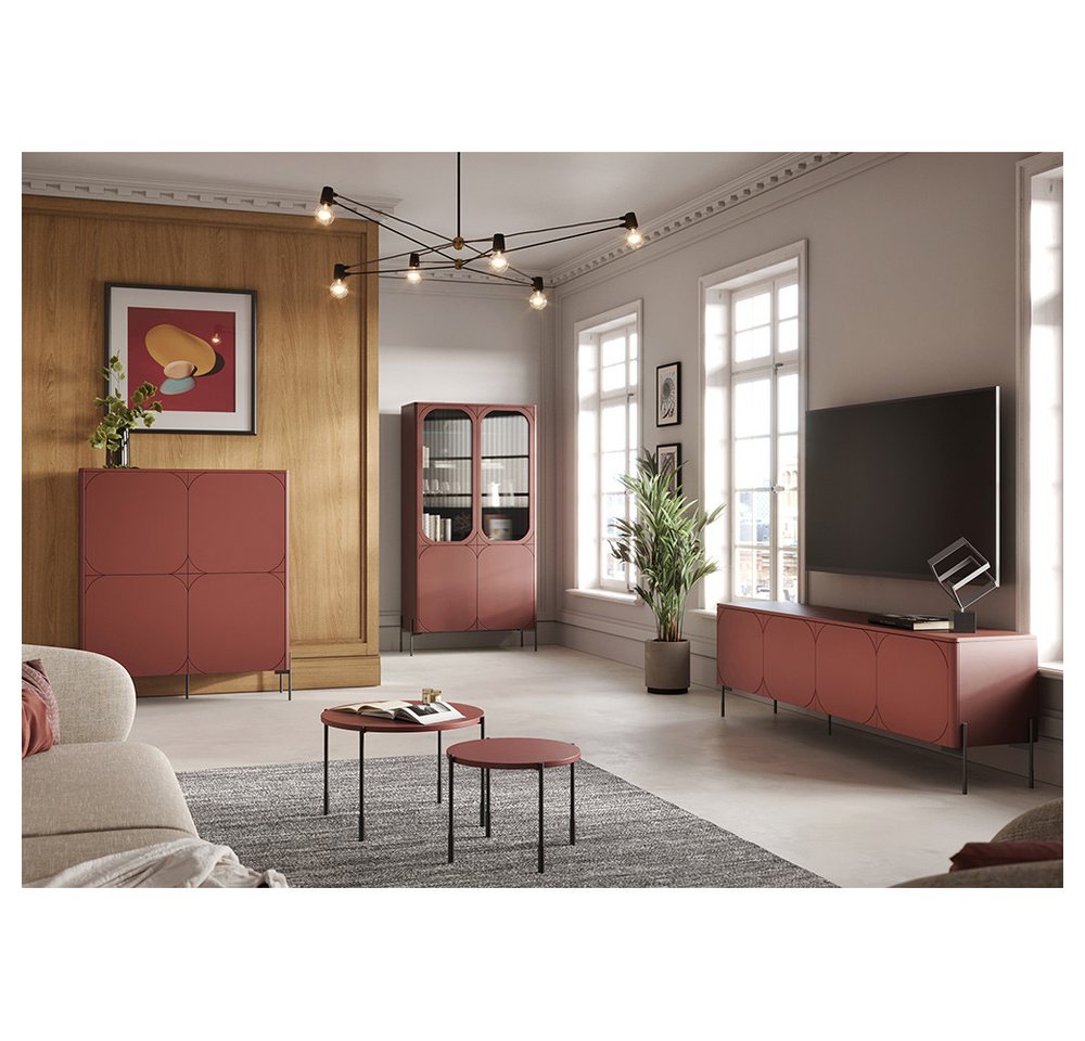 Lomadox Wohnzimmer-Set SPLIT-141, (Mega-Spar-Set, 5-St., Vitrinenschrank Highboard Couchtische Lowboard), burgunder rot matt Metallfüße grifflos Softclose Push-to-open von Lomadox