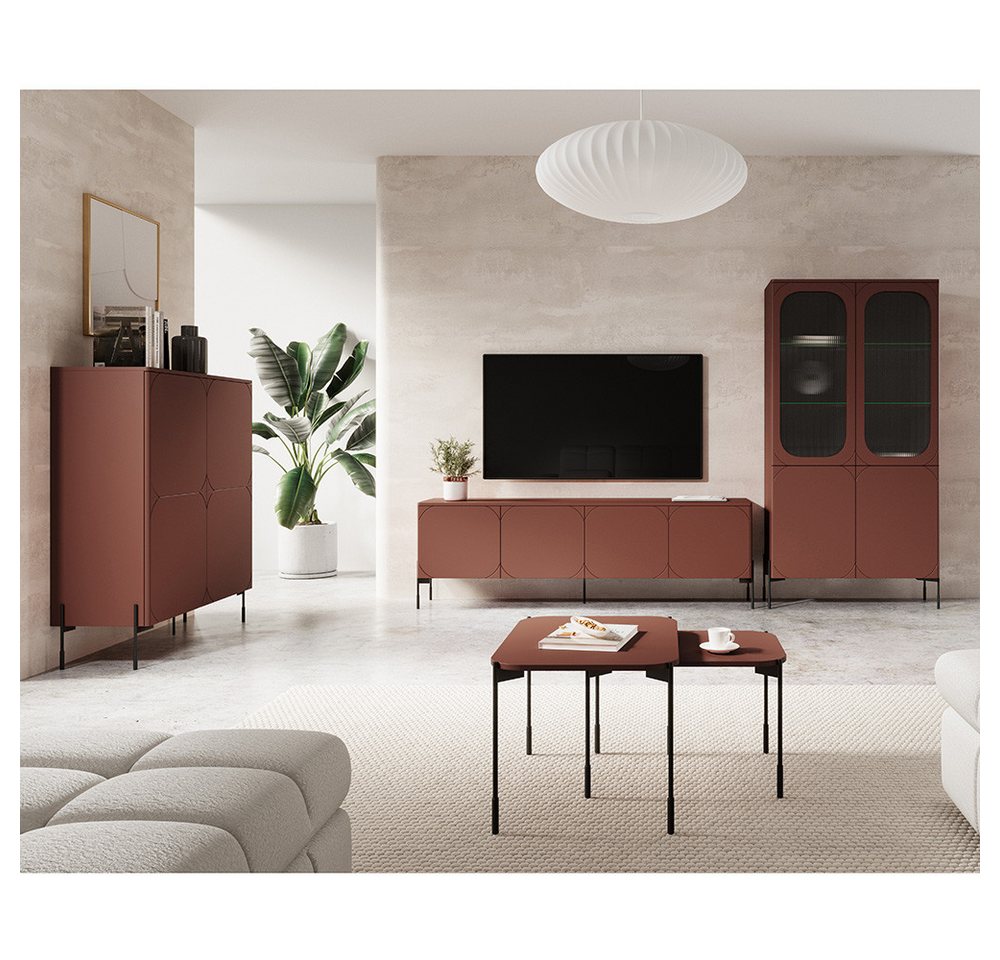 Lomadox Wohnzimmer-Set SPLIT-141, (Mega-Spar-Set, 5-St., Vitrinenschrank Highboard Couchtische Lowboard), burgunder rot matt Metallfüße grifflos Softclose Push-to-open von Lomadox
