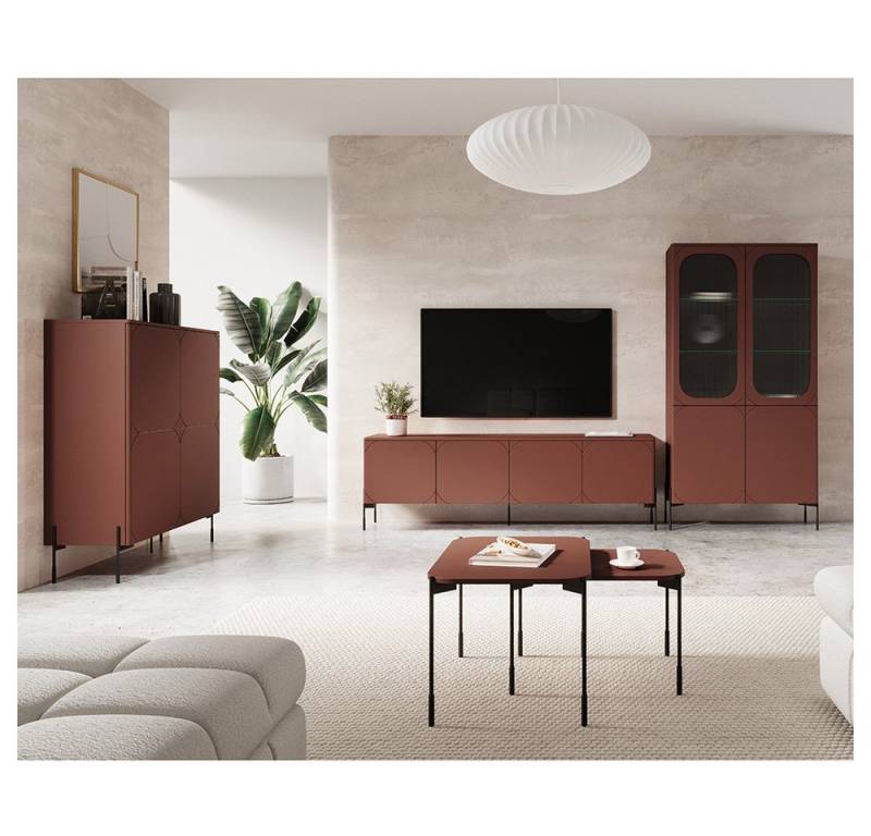 Lomadox Wohnzimmer-Set SPLIT-141, (Mega-Spar-Set, 5-St., Vitrinenschrank Highboard Couchtische Lowboard), burgunder rot matt Metallfüße grifflos Softclose Push-to-open von Lomadox
