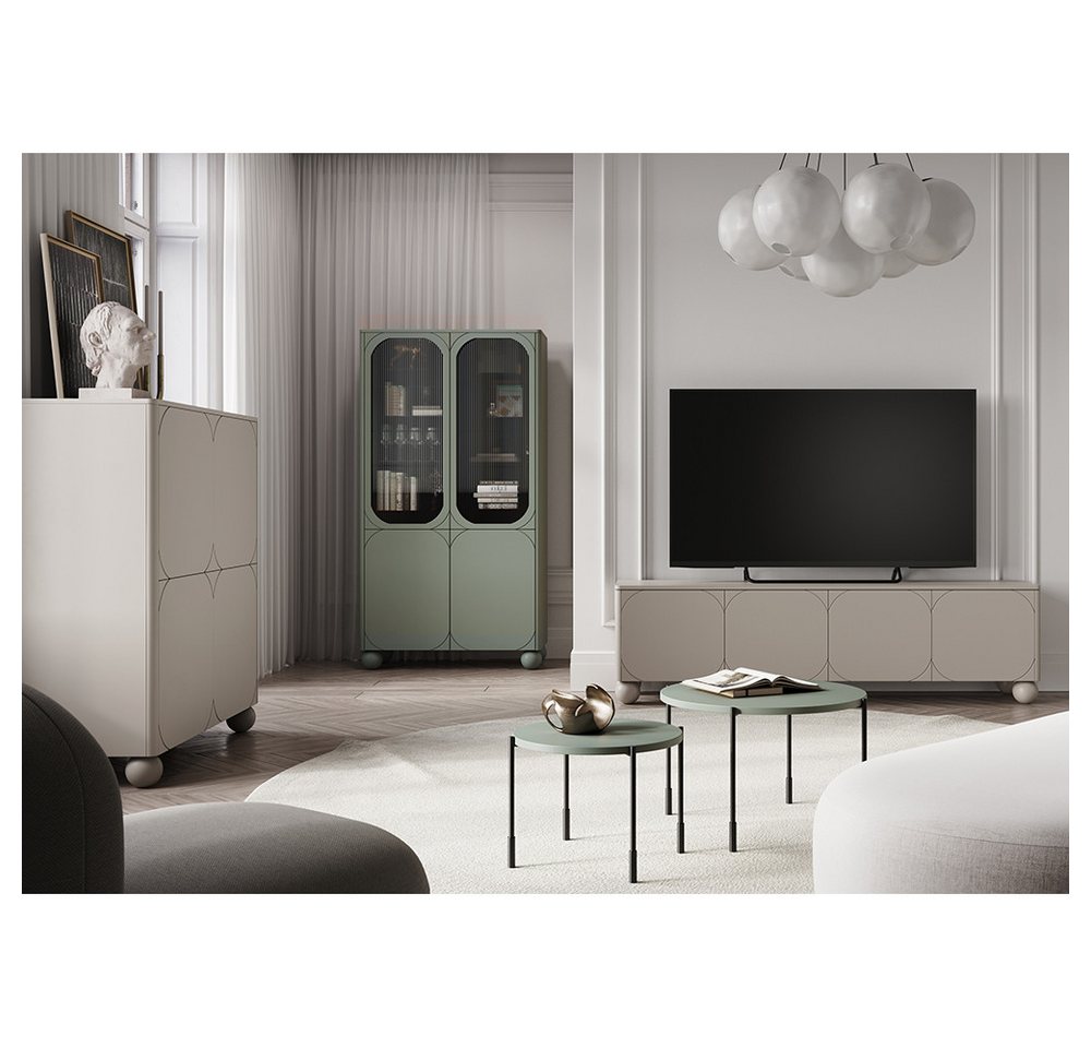 Lomadox Wohnzimmer-Set SPLIT-141, (Mega-Spar-Set, 5-St., Vitrinenschrank Highboard Couchtische Lowboard), kaschmir oliv grün matt Kugelfüße grifflos Push-to-open modern von Lomadox