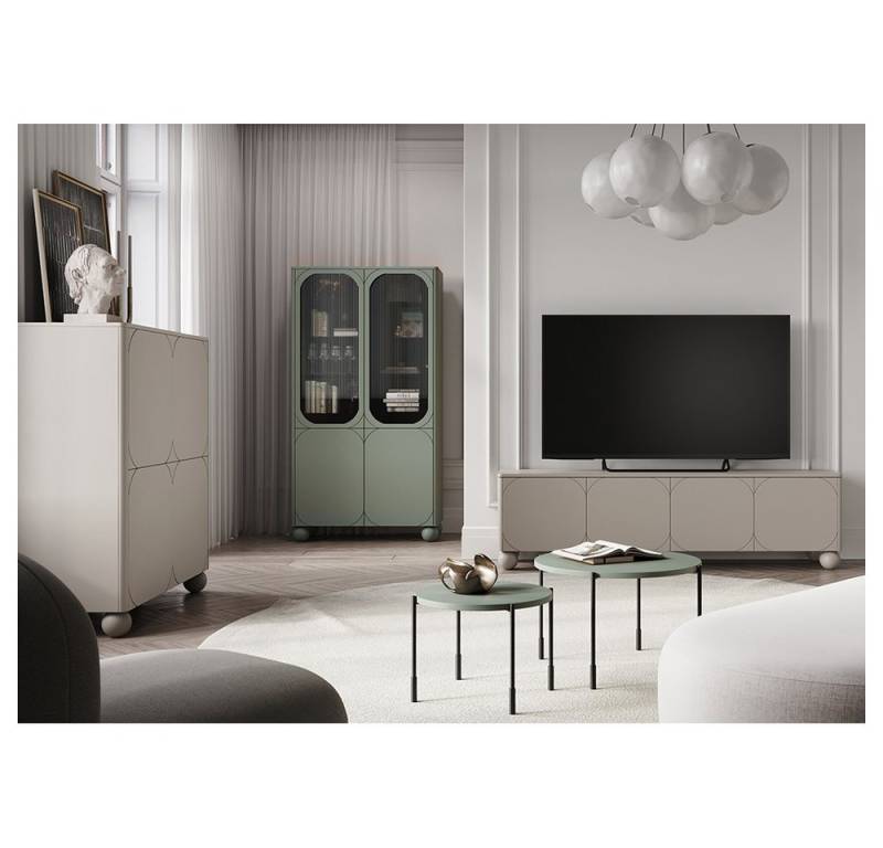 Lomadox Wohnzimmer-Set SPLIT-141, (Mega-Spar-Set, 5-St., Vitrinenschrank Highboard Couchtische Lowboard), kaschmir oliv grün matt Kugelfüße grifflos Push-to-open modern von Lomadox