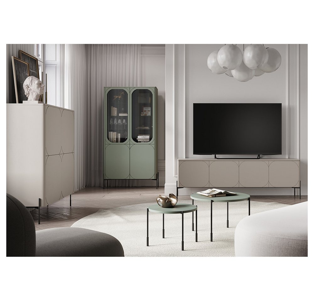Lomadox Wohnzimmer-Set SPLIT-141, (Mega-Spar-Set, 5-St., Vitrinenschrank Highboard Couchtische Lowboard), kaschmir oliv grün matt Metallfüße grifflos Softclose Push-to-open von Lomadox