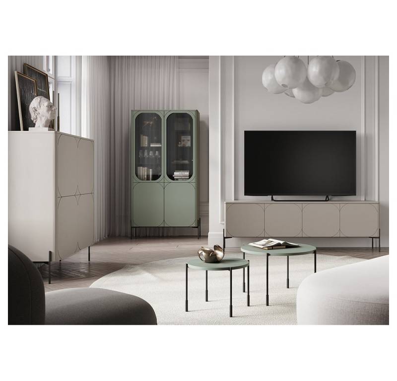 Lomadox Wohnzimmer-Set SPLIT-141, (Mega-Spar-Set, 5-St., Vitrinenschrank Highboard Couchtische Lowboard), kaschmir oliv grün matt Metallfüße grifflos Softclose Push-to-open von Lomadox