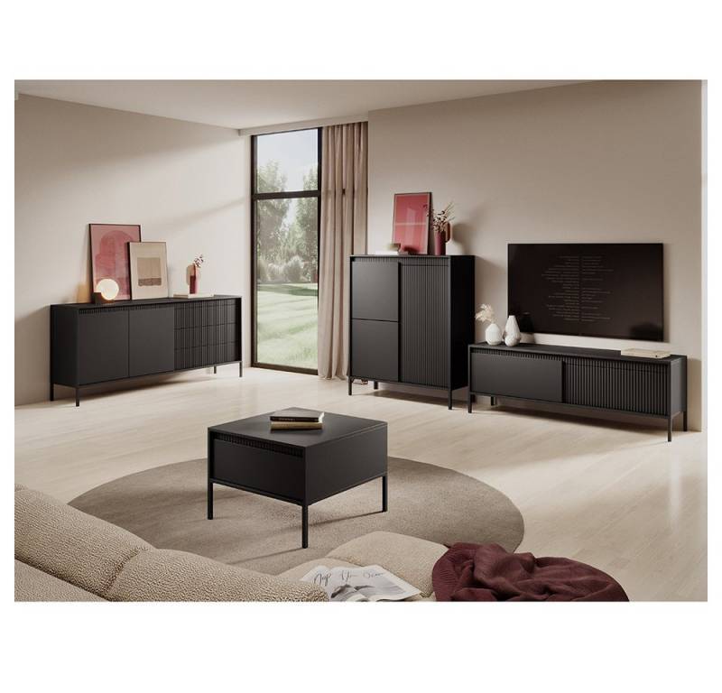 Lomadox Wohnzimmer-Set STERZING-167, (Mega-Spar-Set, 4-St., Kommoden TV-Lowboard Couchtisch), schwarz matt, fühlbare Wellen-Optik, grifflos mit push-to-open von Lomadox