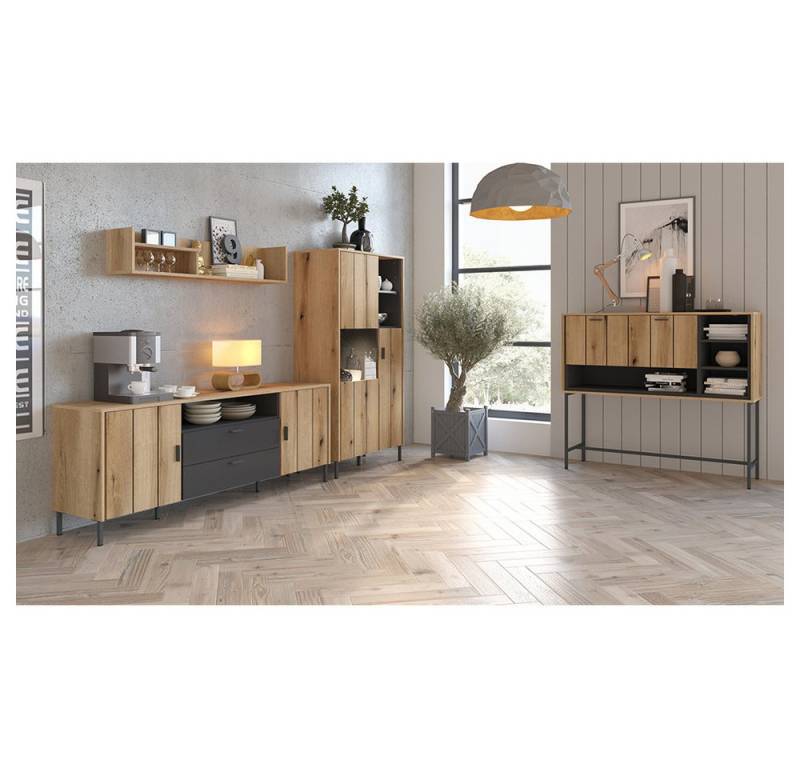 Lomadox Wohnzimmer-Set STON-129, (Mega-Spar-Set, 4-St., Lowboard Wandregal Highboard Barschrank), Eiche Dekor anthrazit Industrial Stil Metallfüße Softclose von Lomadox