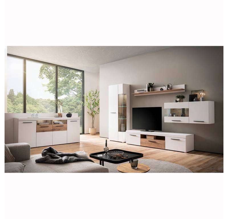 Lomadox Wohnzimmer-Set SUTTON-61, (Mega-Spar-Set, 5-St., Sideboard Lowboard Vitrine Wandboard Hängevitrine), weiß matt Eiche TV-Wohnwand mit 205 cm Lowboard modern von Lomadox