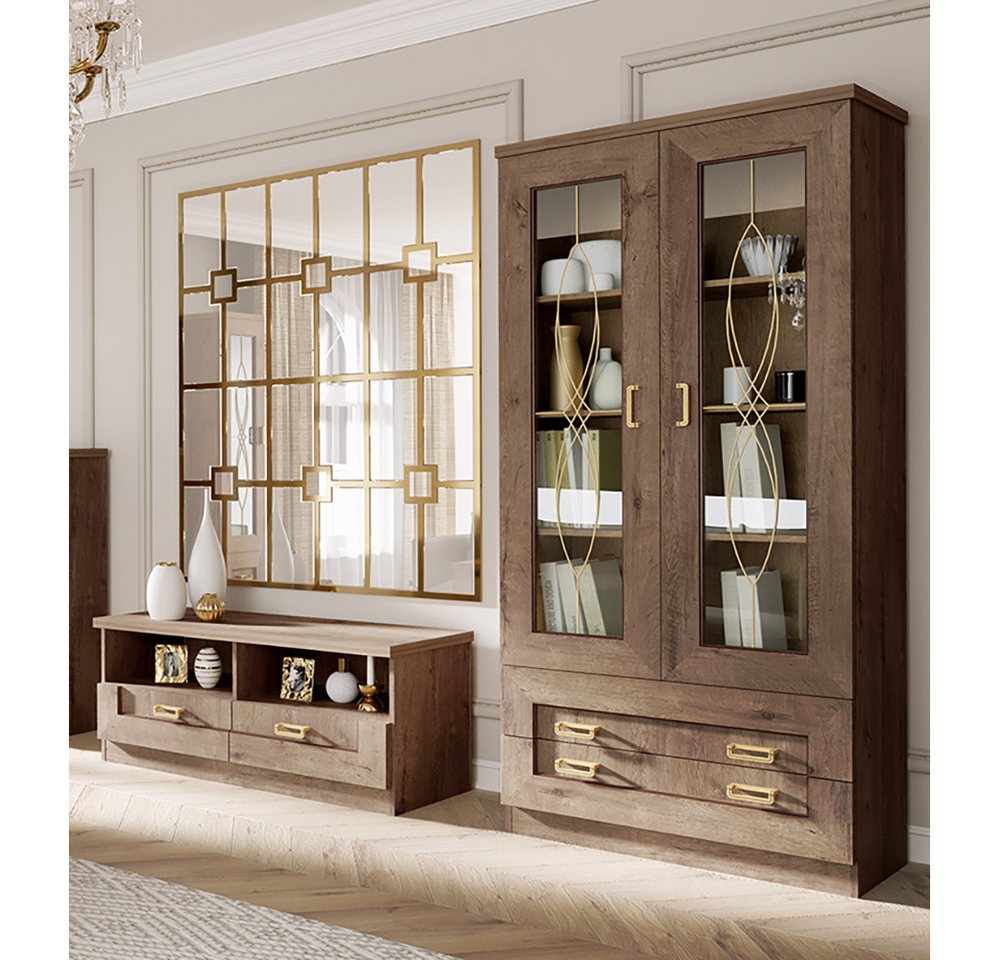 Lomadox Wohnzimmer-Set TEORA-161, (Mega-Spar-Set, 2-St., Lowboard Vitrinenschrank), in Lefkas Eiche Vitrinentüren mit Verzierung rustikal Metallgriffe von Lomadox