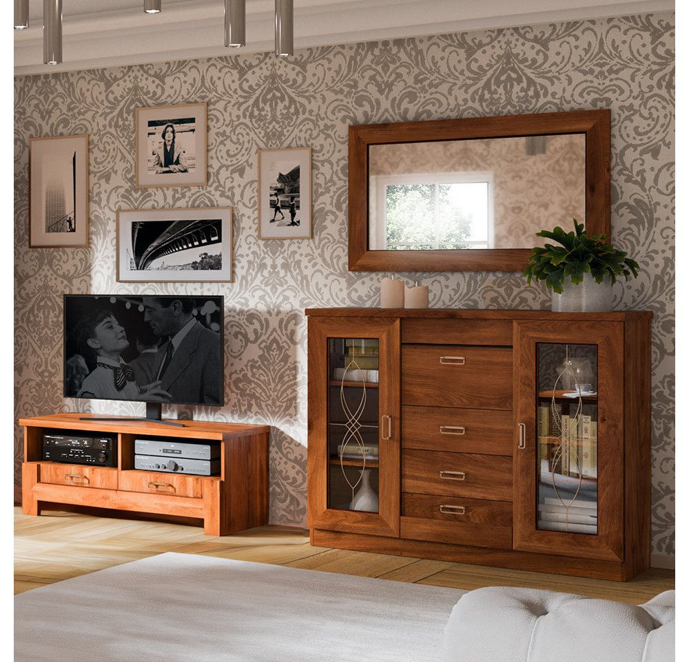 Lomadox Wohnzimmer-Set TEORA-161, (Mega-Spar-Set, 3-St., Lowboard Sideboard Spiegel), in Eiche Alteiche Vitrinentüren mit Verzierung rustikal Metallgriffe von Lomadox