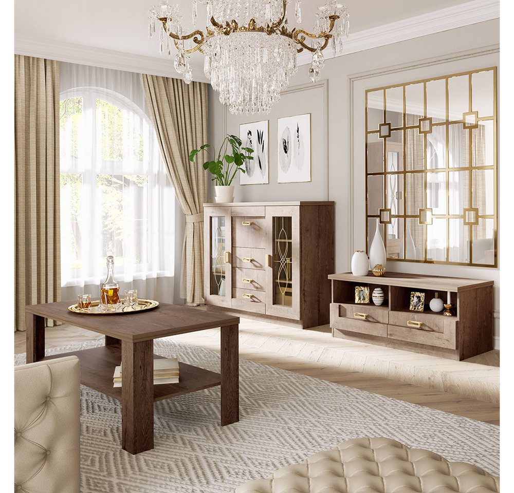Lomadox Wohnzimmer-Set TEORA-161, (Mega-Spar-Set, 3-St., Sideboard Lowboard Couchtisch), in Lefkas Eiche Vitrinentüren mit Verzierung rustikal Metallgriffe von Lomadox