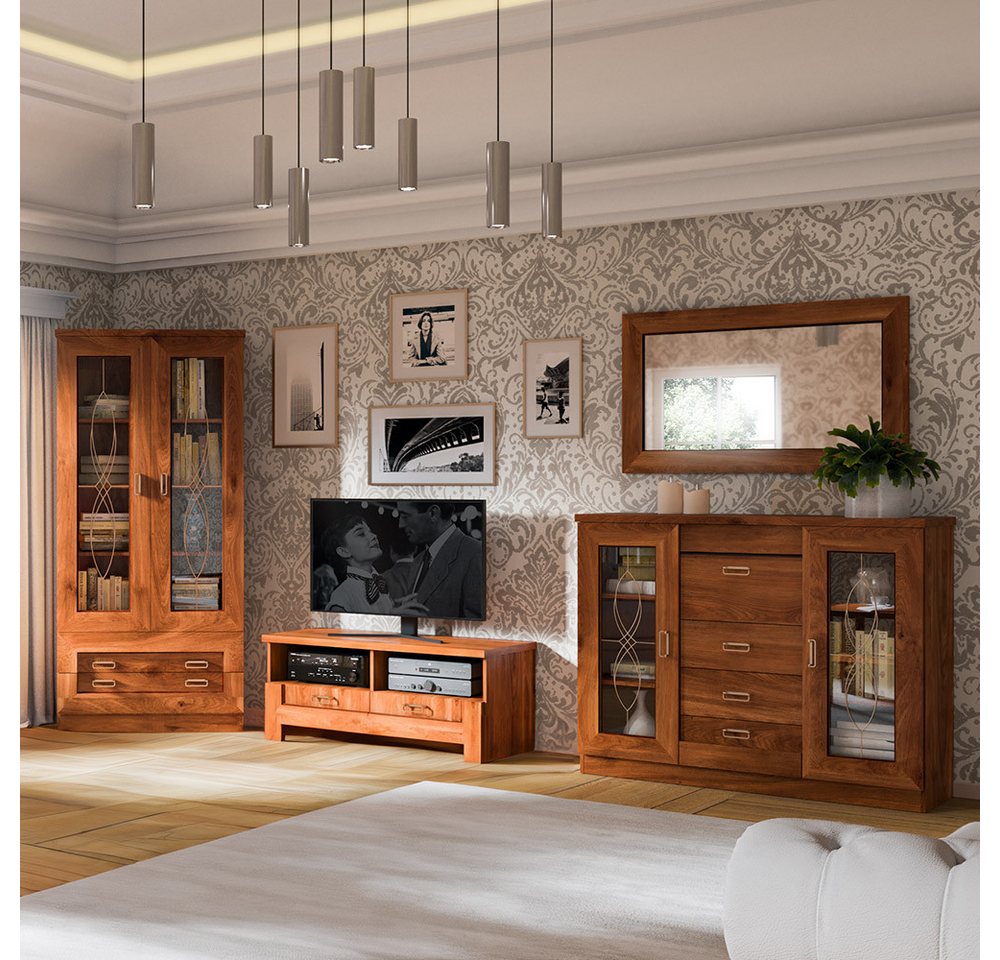 Lomadox Wohnzimmer-Set TEORA-161, (Mega-Spar-Set, 4-St., Vitrinenschrank Lowboard Sideboard Spiegel), in Eiche Alteiche Vitrinentüren mit Verzierung rustikal Metallgriffe von Lomadox