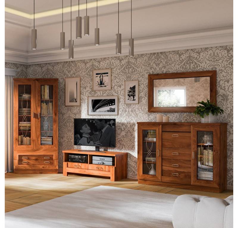 Lomadox Wohnzimmer-Set TEORA-161, (Mega-Spar-Set, 4-St., Vitrinenschrank Lowboard Sideboard Spiegel), in Eiche Alteiche Vitrinentüren mit Verzierung rustikal Metallgriffe von Lomadox