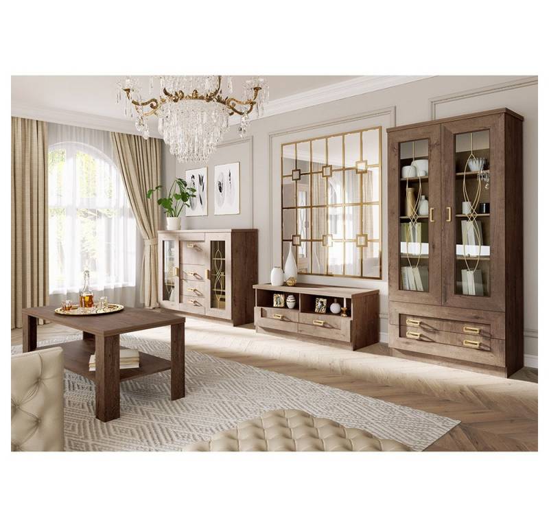 Lomadox Wohnzimmer-Set TEORA-161, (Mega-Spar-Set, 4-St., Vitrinenschrank Lowboard Sideboard Wohnzimmertisch), in Lefkas Eiche Vitrinentüren mit Verzierung rustikal Metallgriffe von Lomadox