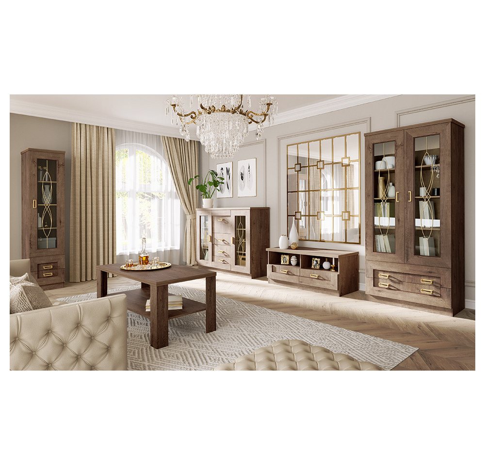 Lomadox Wohnzimmer-Set TEORA-161, (Mega-Spar-Set, 5-St., Vitrine Vitrinenschrank Lowboard Sideboard Couchtisch), in Lefkas Eiche Vitrinentüren mit Verzierung rustikal Metallgriffe von Lomadox