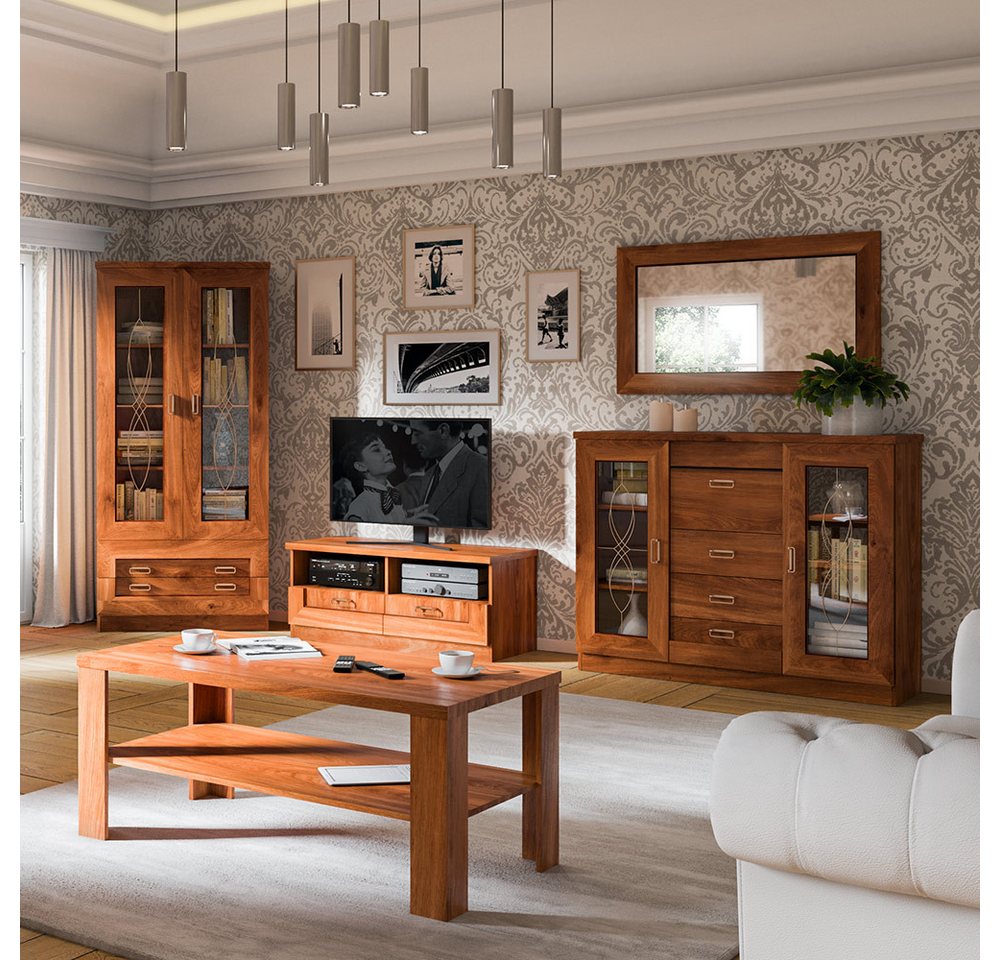Lomadox Wohnzimmer-Set TEORA-161, (Mega-Spar-Set, 5-St., Vitrinenschrank Lowboard Sideboard Spiegel Couchtisch), in Eiche Alteiche Vitrinentüren mit Verzierung rustikal Metallgriffe von Lomadox