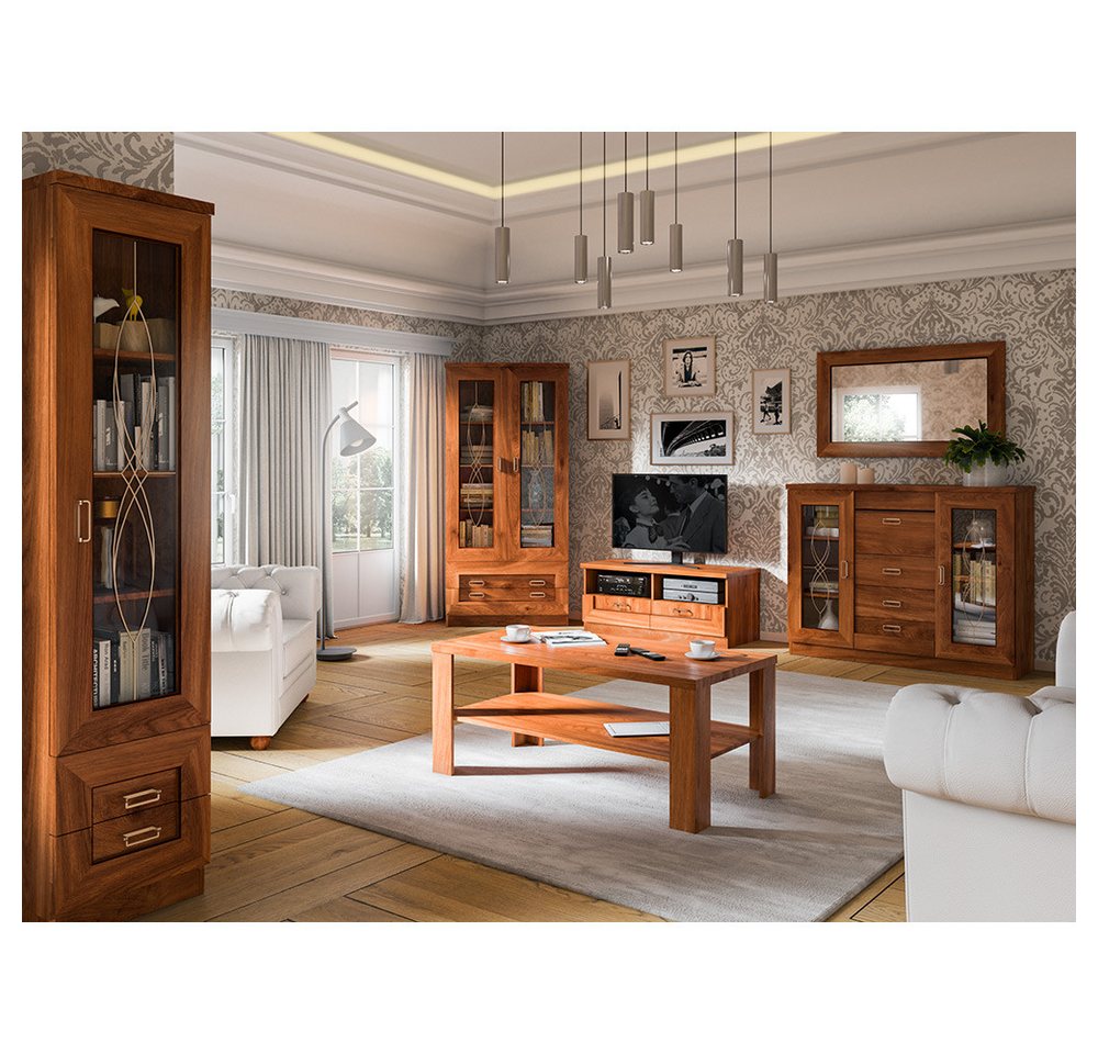Lomadox Wohnzimmer-Set TEORA-161, (Mega-Spar-Set, 6-St., Vitrine Vitrinenschrank Lowboard Sideboard Spiegel Wohnzimmertisch), in Eiche Alteiche Vitrinentüren mit Verzierung rustikal Metallgriffe von Lomadox
