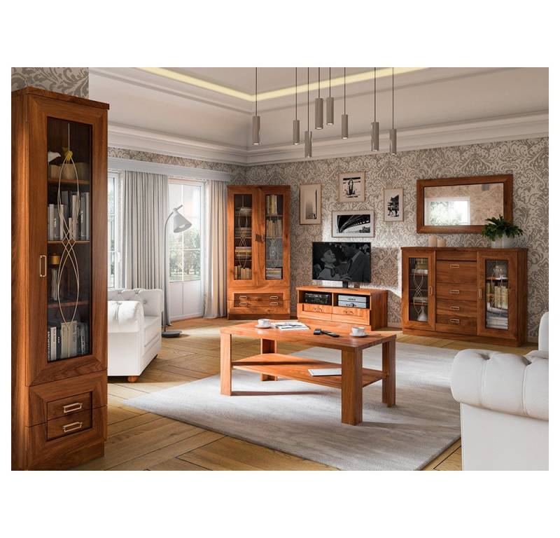 Lomadox Wohnzimmer-Set TEORA-161, (Mega-Spar-Set, 6-St., Vitrine Vitrinenschrank Lowboard Sideboard Spiegel Wohnzimmertisch), in Eiche Alteiche Vitrinentüren mit Verzierung rustikal Metallgriffe von Lomadox