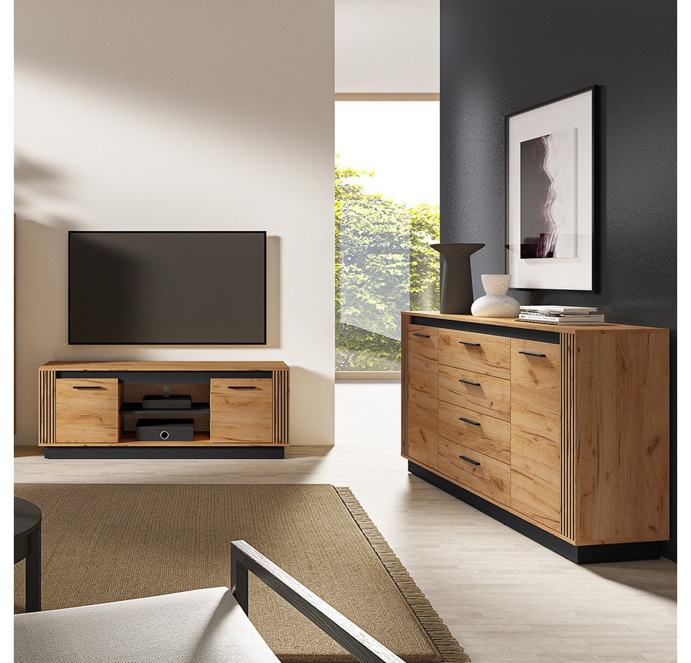 Lomadox Wohnzimmer-Set URBANIA-131, (Mega-Spar-Set, 2-St., Kommode Lowboard), Wohnzimmer Set Sideboard Fernsehtisch Schränke in Eiche mit schwarz von Lomadox